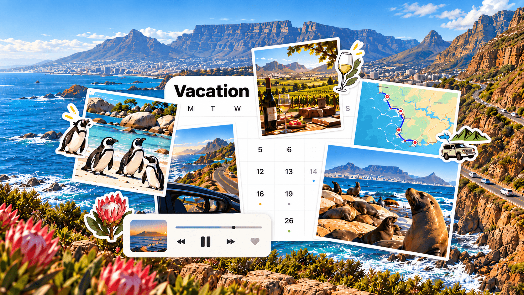 A journey through the Western Cape: Cape Town, the ocean coastline, the wine regions of Stellenbosch and Franschhoek, and the road to Hermanus.